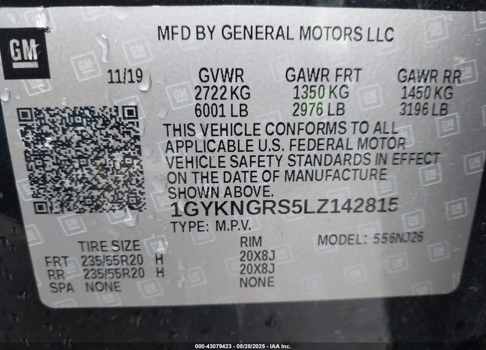 2020 CADILLAC XT5 VIN: 1GYKNGRS5LZ142815