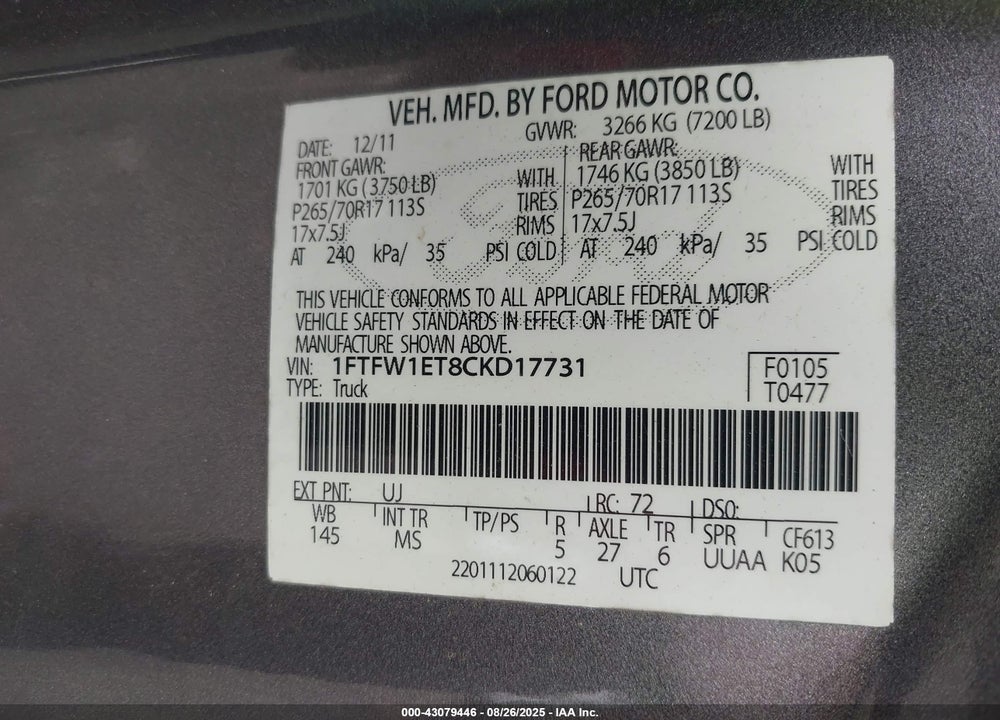 2012 FORD F-150 VIN: 1FTFW1ET8CKD17731
