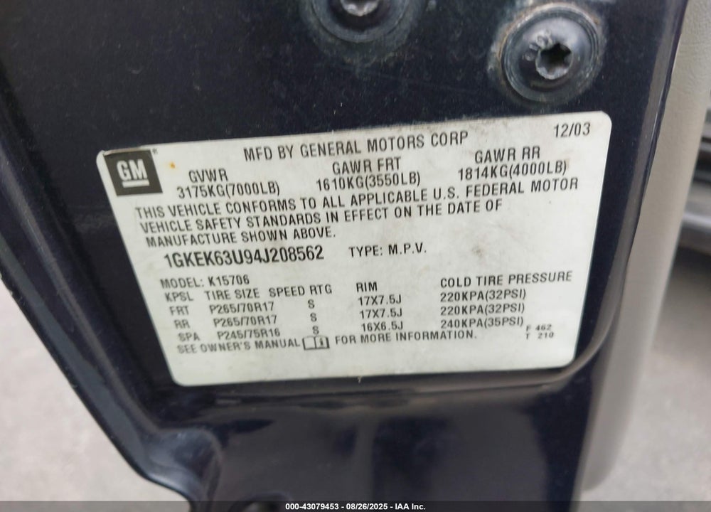 2004 GMC YUKON DENALI VIN: 1GKEK63U94J208562