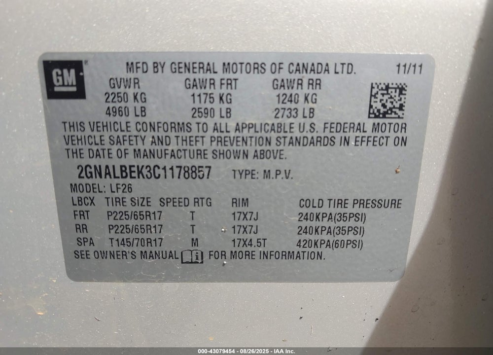 2012 CHEVROLET EQUINOX VIN: 2GNALBEK3C1178857