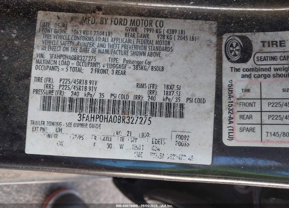 2011 FORD FUSION VIN: 3FAHP0HA0BR327275