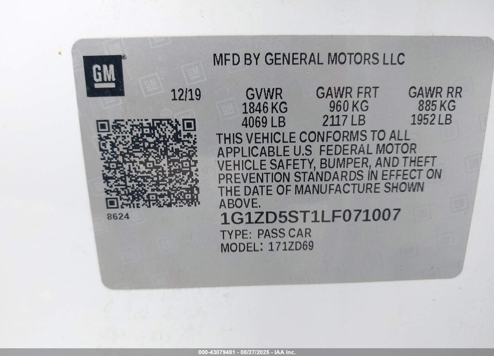 2020 CHEVROLET MALIBU FWD LT VIN: 1G1ZD5ST1LF071007