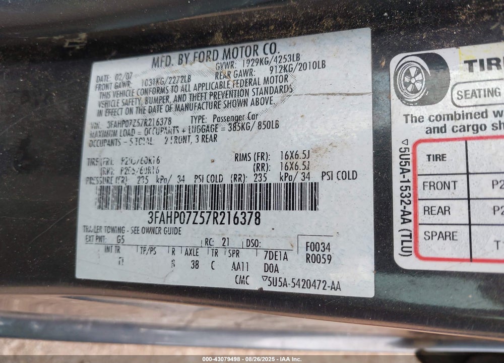 2007 FORD FUSION SE VIN: 3FAHP07Z57R216378