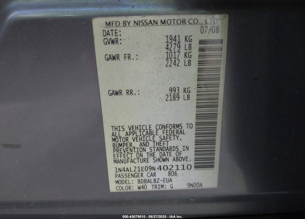 2009 NISSAN ALTIMA VIN: 1N4AL21E09N402110