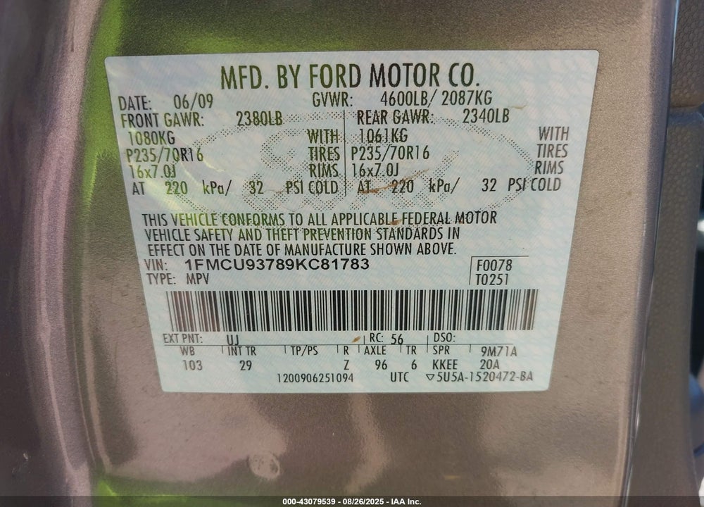 2009 FORD ESCAPE XLT VIN: 1FMCU93789KC81783