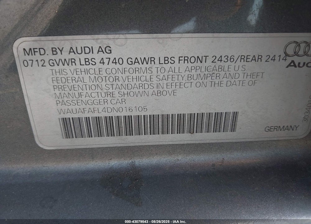 2013 AUDI A4 VIN: WAUAFAFL4DN016105