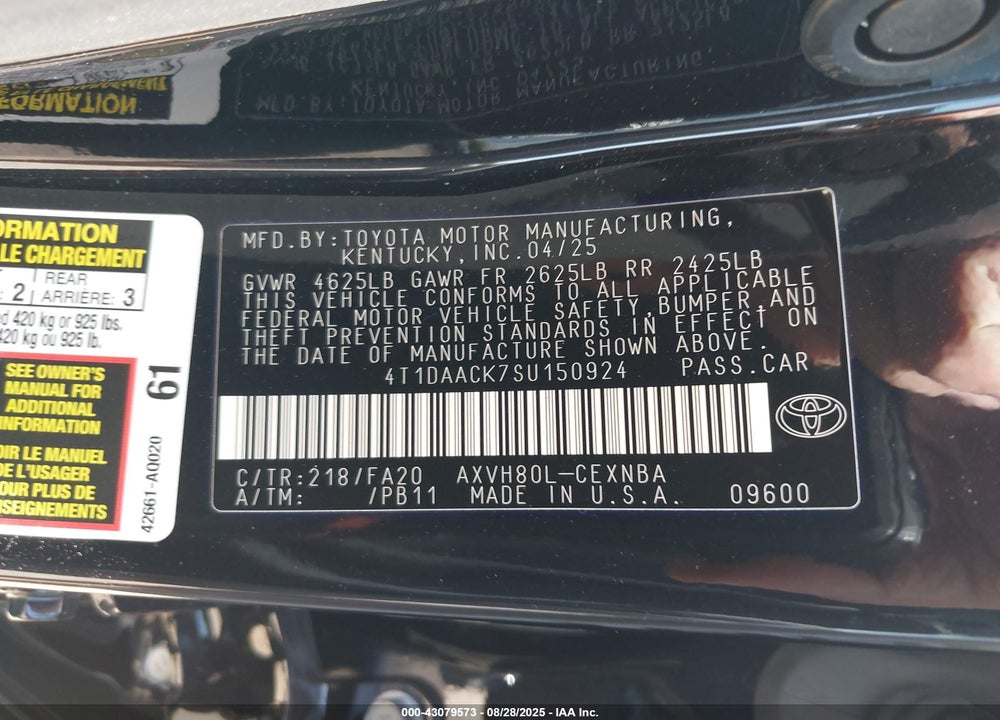 2025 TOYOTA CAMRY VIN: 4T1DAACK7SU150924