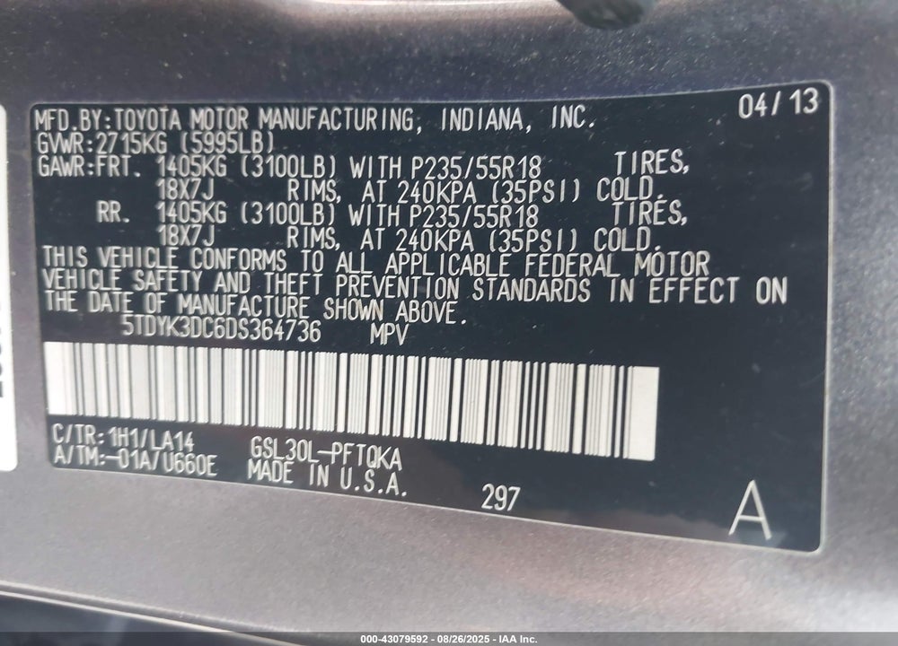2013 TOYOTA SIENNA LIMITED V6 7 PASSENGER VIN: 5TDYK3DC6DS364736