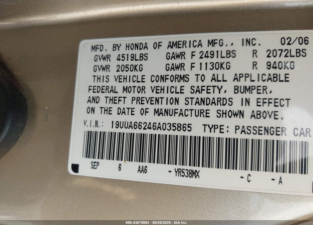2006 ACURA TL VIN: 19UUA66246A035865