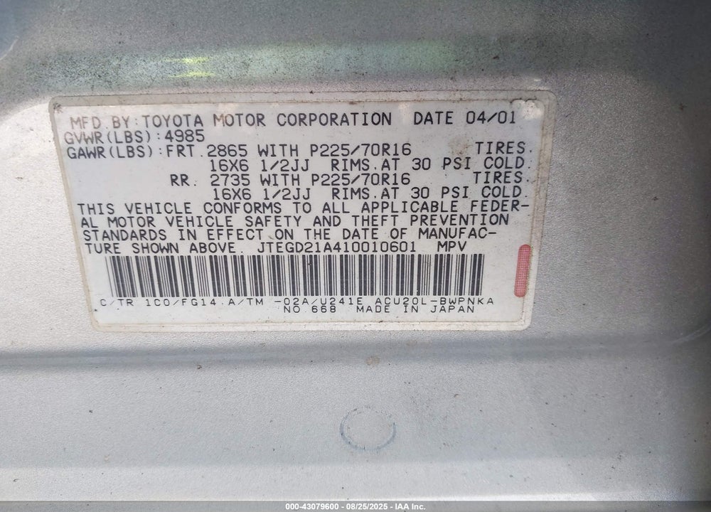 2001 TOYOTA HIGHLANDER VIN: JTEGD21A410010601