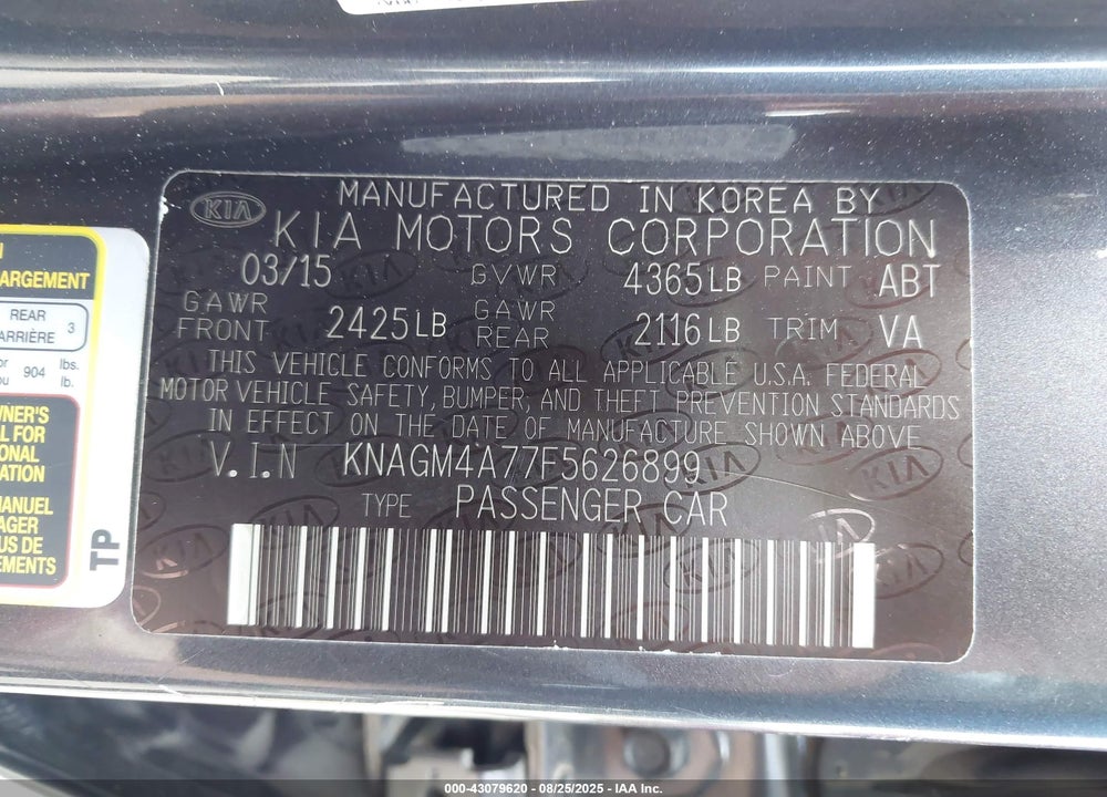 2015 KIA OPTIMA VIN: KNAGM4A77F5626899