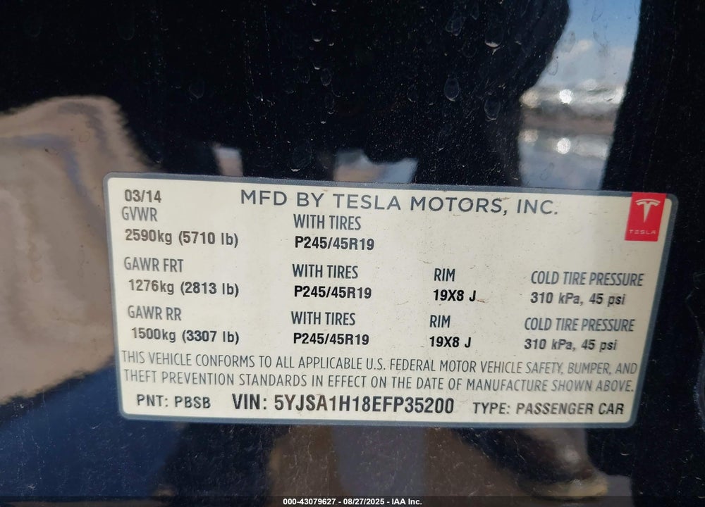 2014 TESLA MODEL S VIN: 5YJSA1H18EFP35200