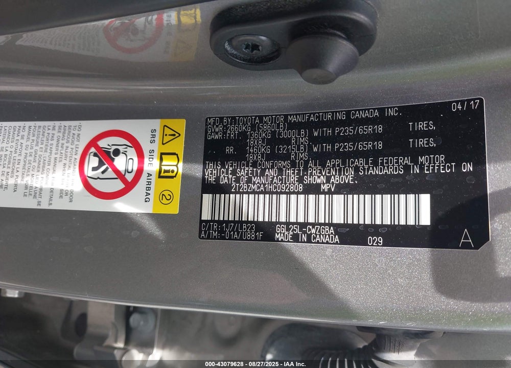 2017 LEXUS RX 350 VIN: 2T2BZMCA1HC092808