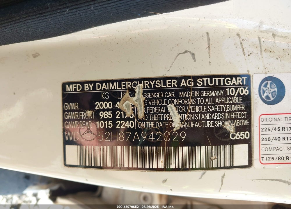 2007 MERCEDES-BENZ C 230 VIN: WDBRF52H87A942029