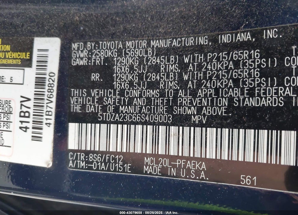 2006 TOYOTA SIENNA LE VIN: 5TDZA23C66S409003