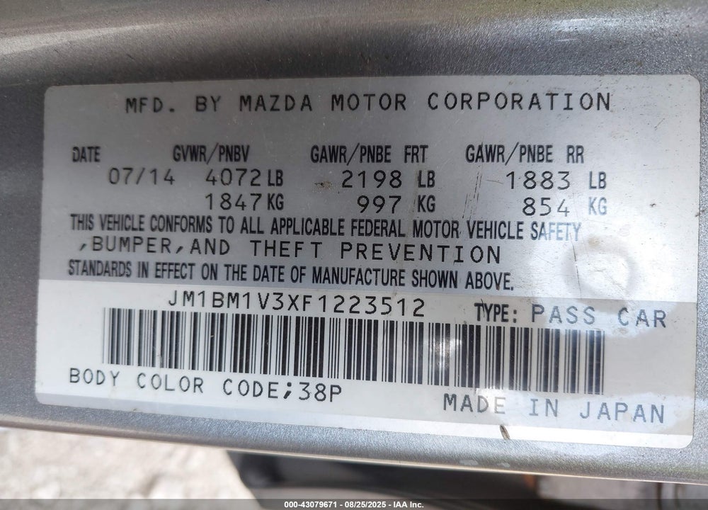 2015 MAZDA 3 VIN: JM1BM1V3XF1223512