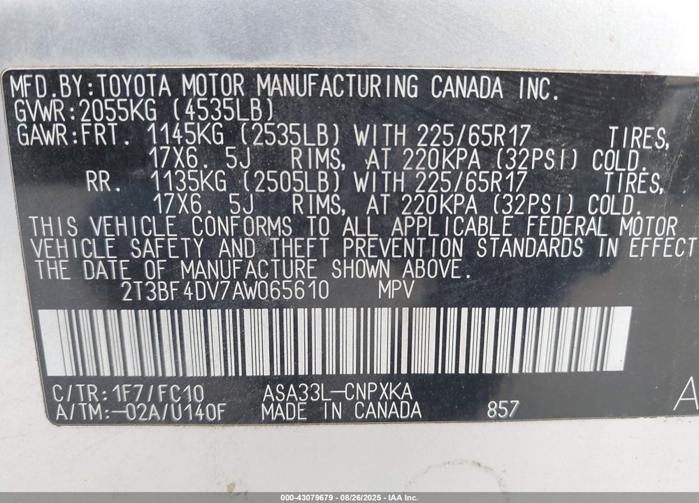 2010 TOYOTA RAV4 VIN: 2T3BF4DV7AW065610