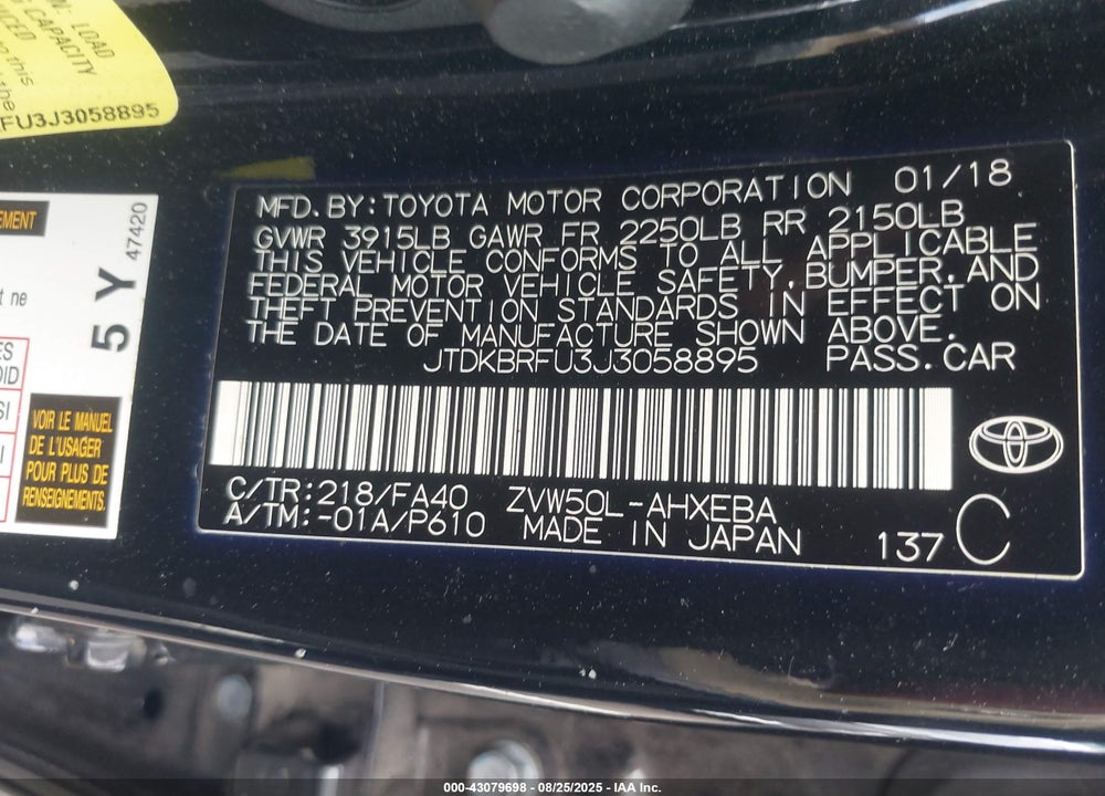 2018 TOYOTA PRIUS TWO VIN: JTDKBRFU3J3058895