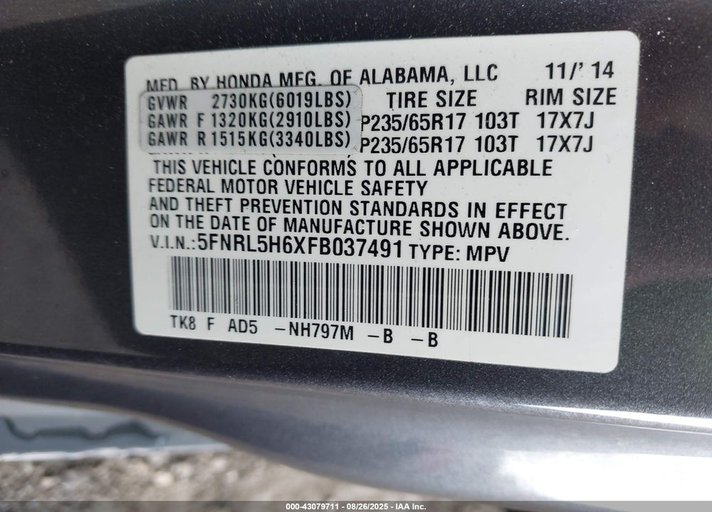 2015 HONDA ODYSSEY EX-L VIN: 5FNRL5H6XFB037491