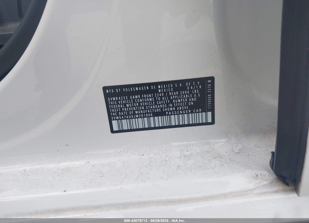 2018 VOLKSWAGEN GOLF VIN: 3VW547AUXJM281868