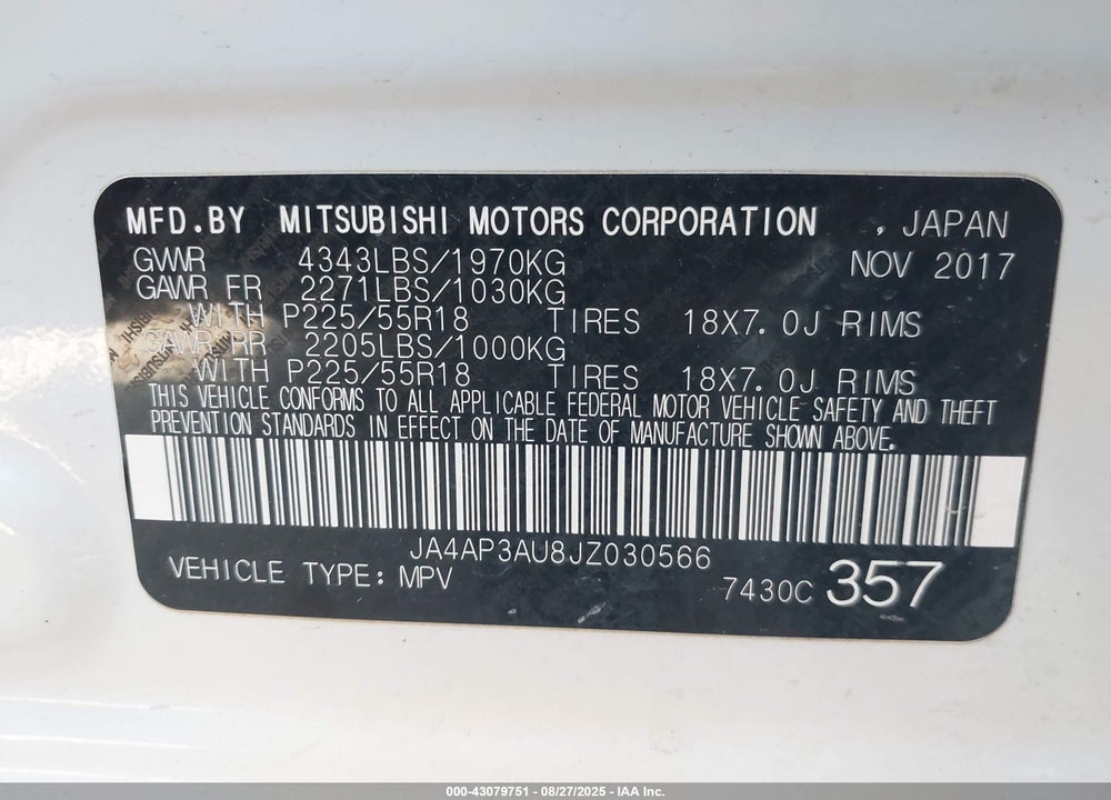 2018 MITSUBISHI OUTLANDER SPORT VIN: JA4AP3AU8JZ030566