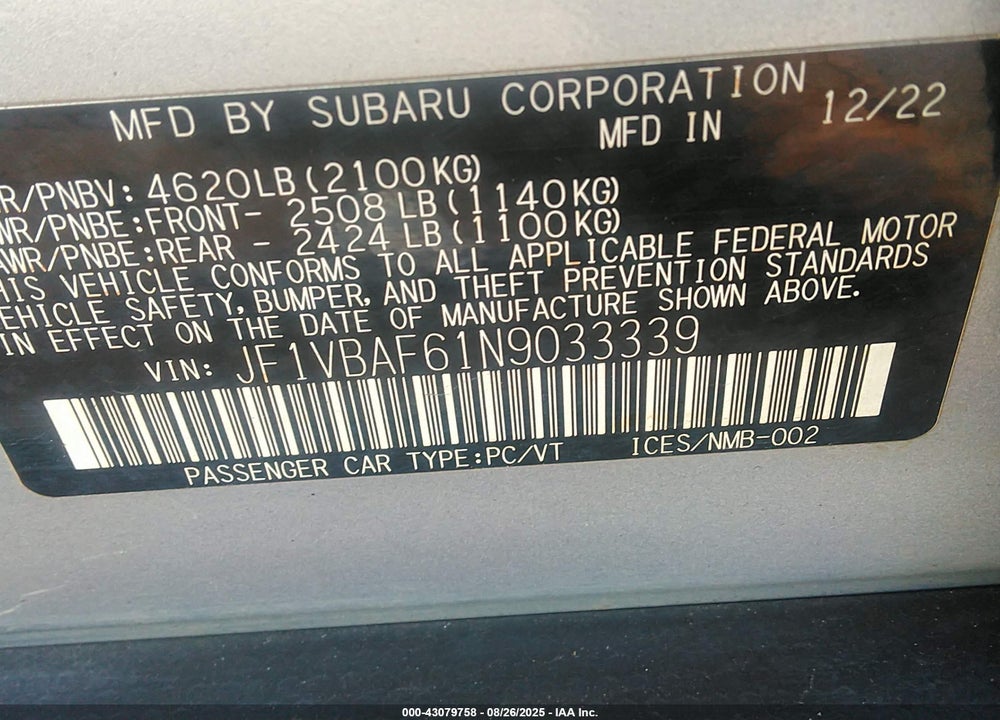 2022 SUBARU WRX VIN: JF1VBAF61N9033339
