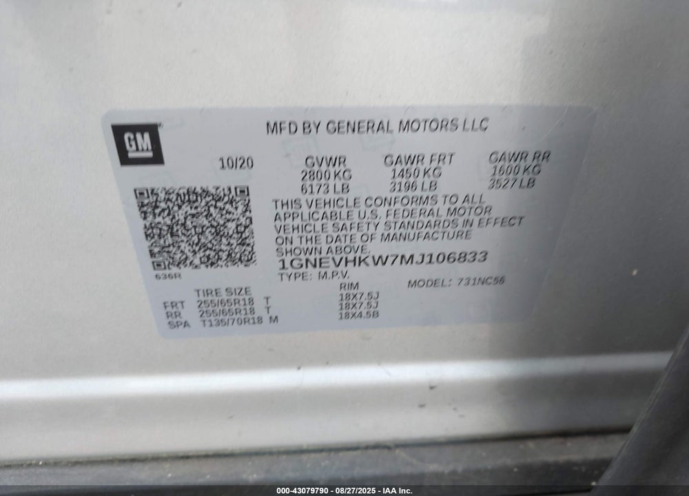 2021 CHEVROLET TRAVERSE VIN: 1GNEVHKW7MJ106833
