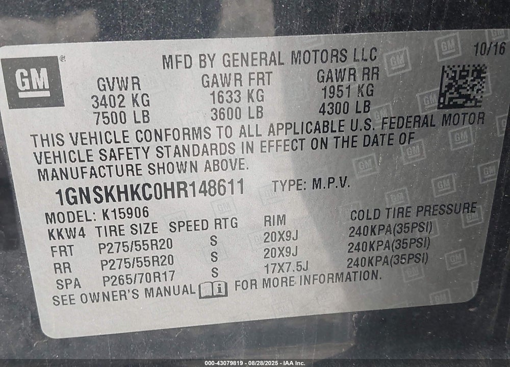 2017 CHEVROLET SUBURBAN VIN: 1GNSKHKC0HR148611