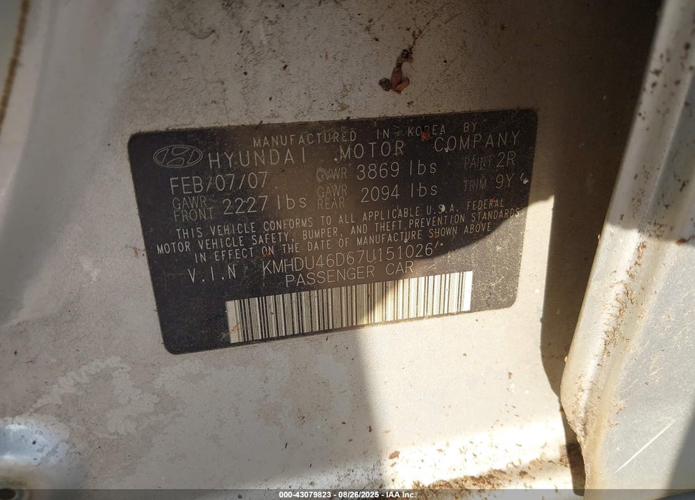 2007 HYUNDAI ELANTRA GLS/LIMITED/SE VIN: KMHDU46D67U151026