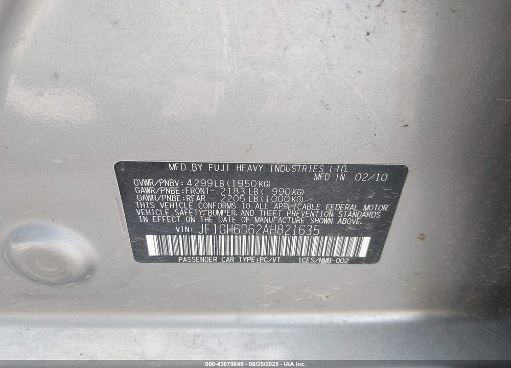 2010 SUBARU IMPREZA VIN: JF1GH6D62AH821635