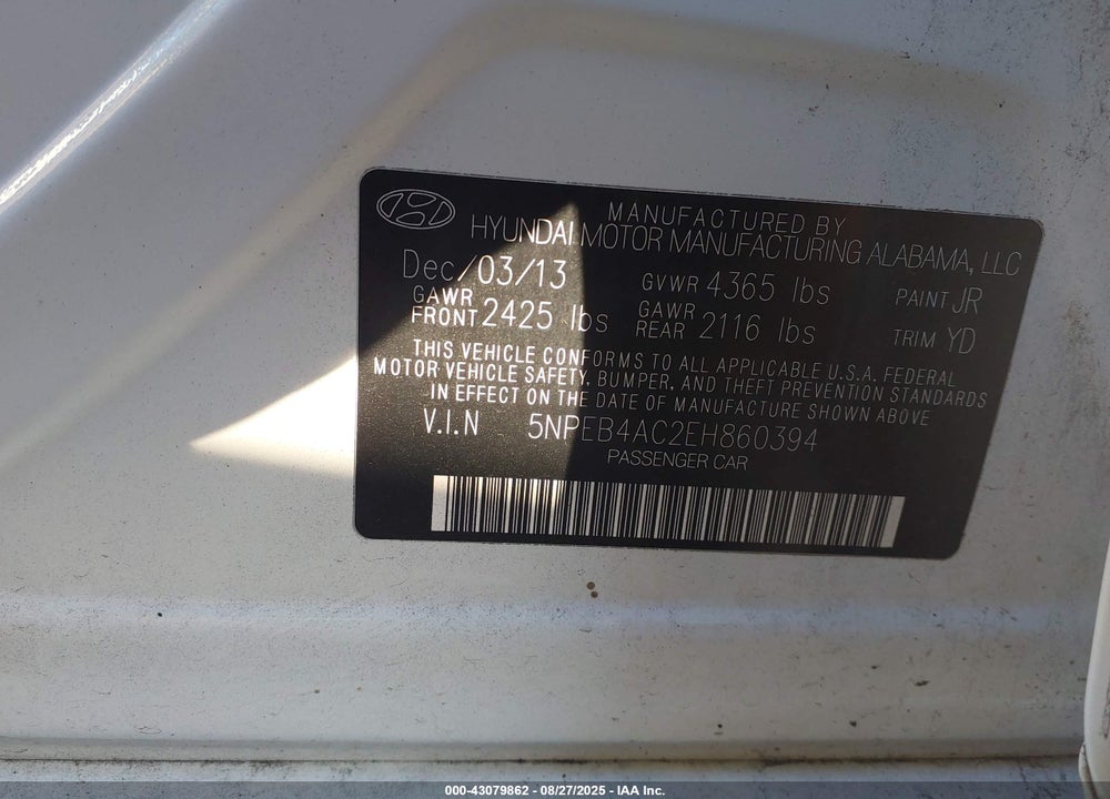 2014 HYUNDAI SONATA VIN: 5NPEB4AC2EH860394