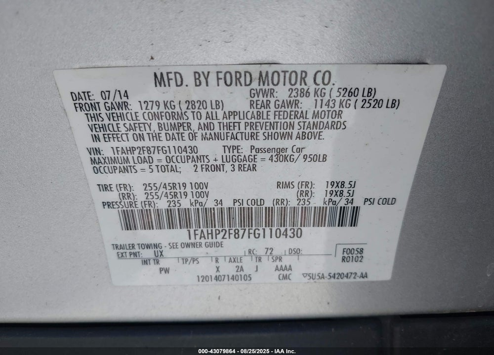 2015 FORD TAURUS VIN: 1FAHP2F87FG110430