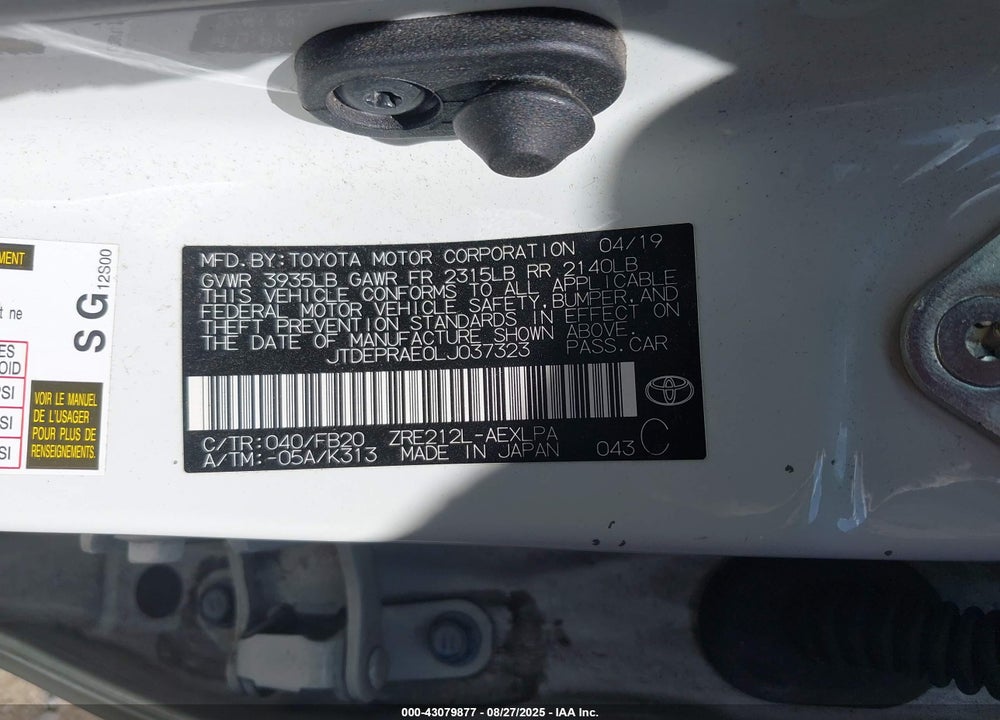 2020 TOYOTA COROLLA VIN: JTDEPRAE0LJ037323
