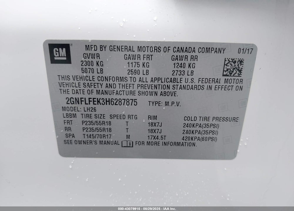2017 CHEVROLET EQUINOX VIN: 2GNFLFEK3H6287875