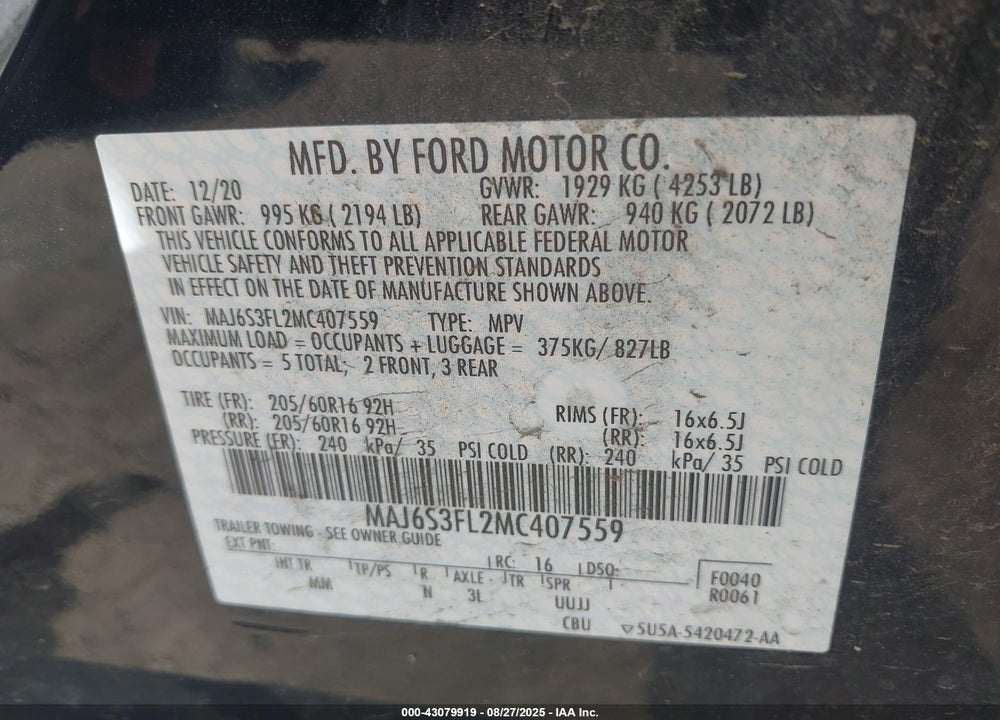 2021 FORD ECOSPORT VIN: MAJ6S3FL2MC407559