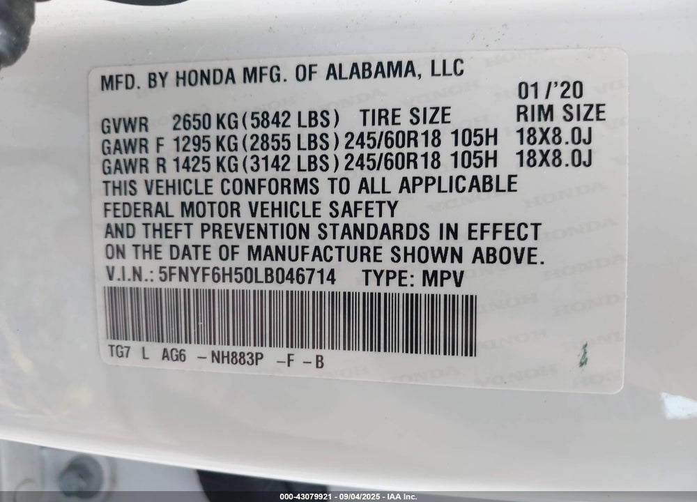 2020 HONDA PILOT AWD EX-L VIN: 5FNYF6H50LB046714