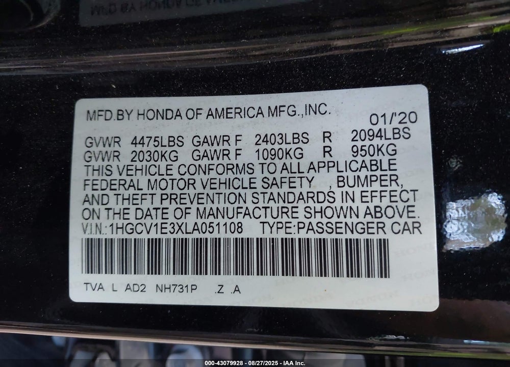 2020 HONDA ACCORD VIN: 1HGCV1E3XLA051108