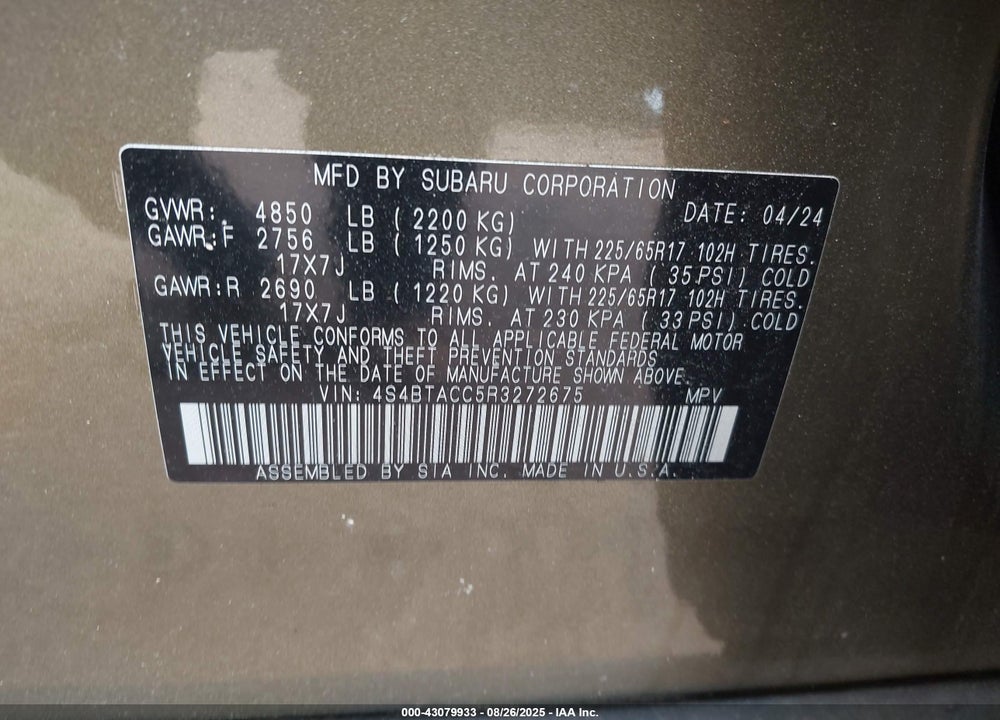 2024 SUBARU OUTBACK VIN: 4S4BTACC5RZ272675