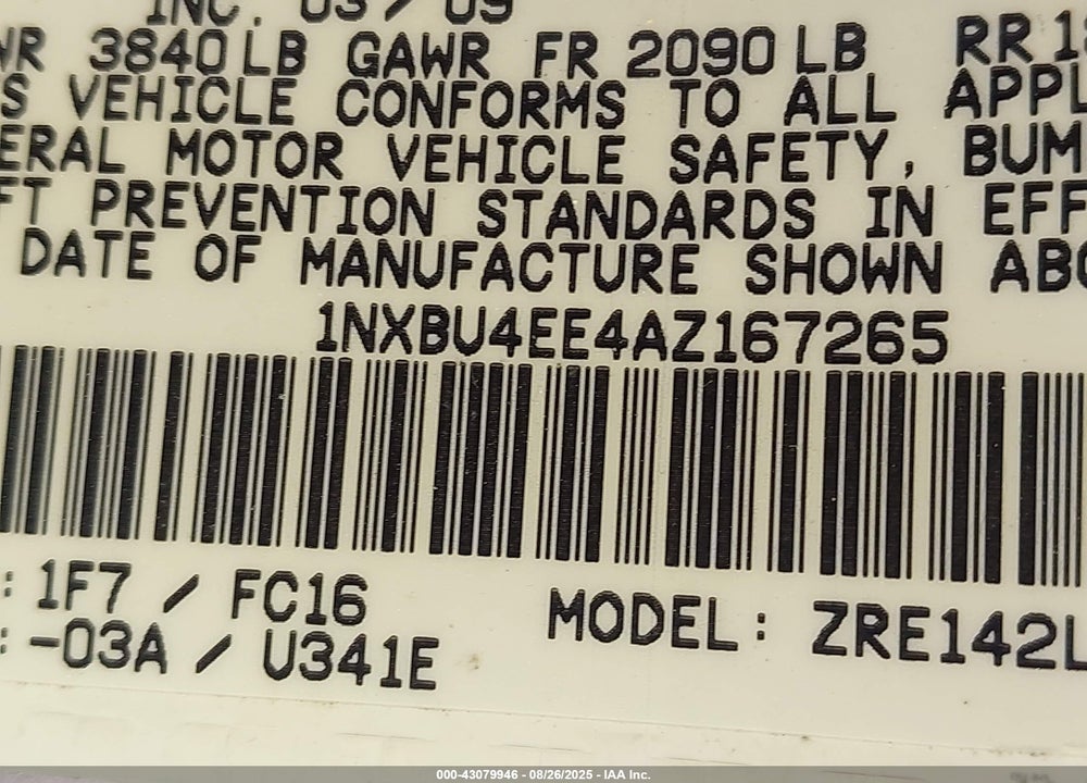 2010 TOYOTA COROLLA VIN: 1NXBU4EE4AZ167265