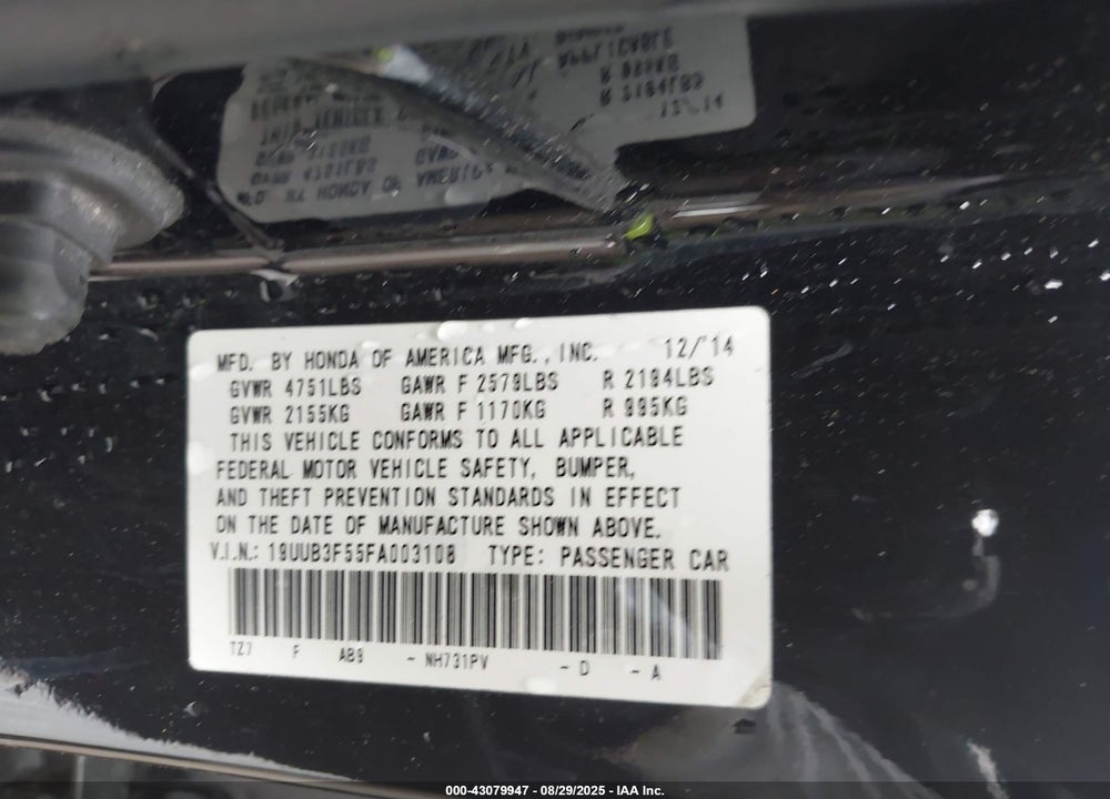 2015 ACURA TLX VIN: 19UUB3F55FA003108