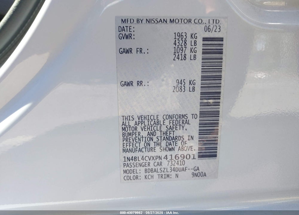2023 NISSAN ALTIMA SR FWD VIN: 1N4BL4CVXPN416901