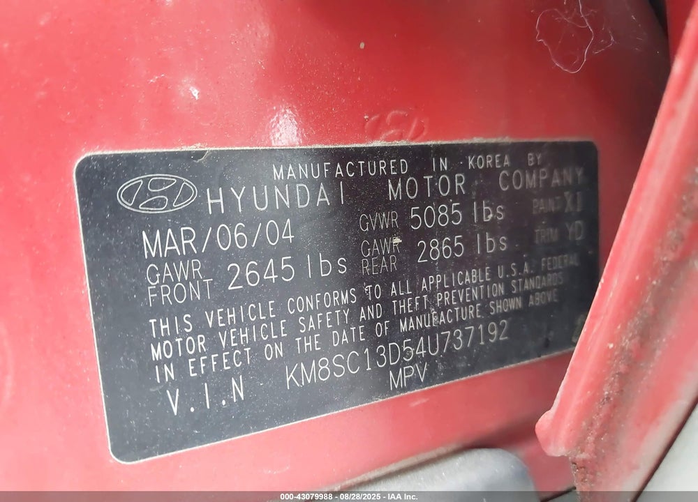 2004 HYUNDAI SANTA FE GLS VIN: KM8SC13D54U737192