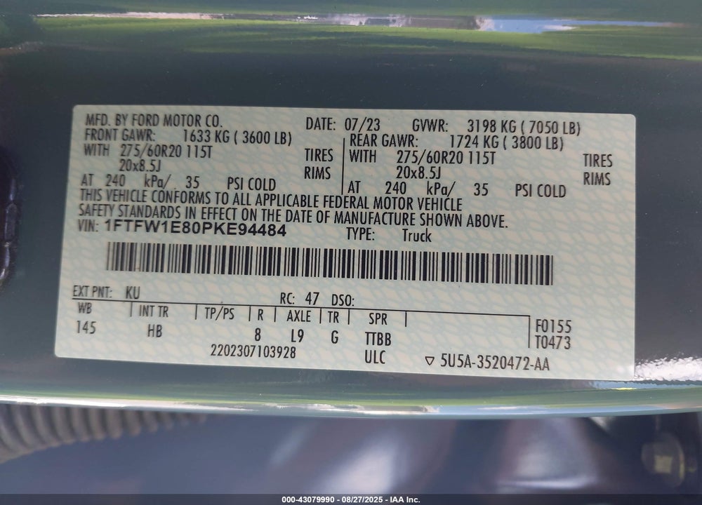 2023 FORD F-150 VIN: 1FTFW1E80PKE94484