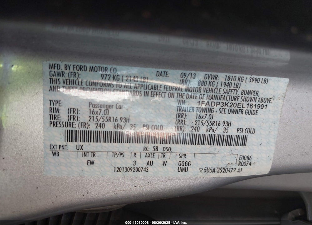2014 FORD FOCUS VIN: 1FADP3K20EL161991