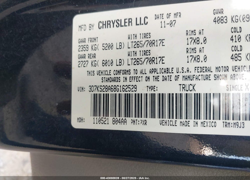 2008 DODGE RAM 2500 ST/SLT VIN: 3D7KS28A68G162529