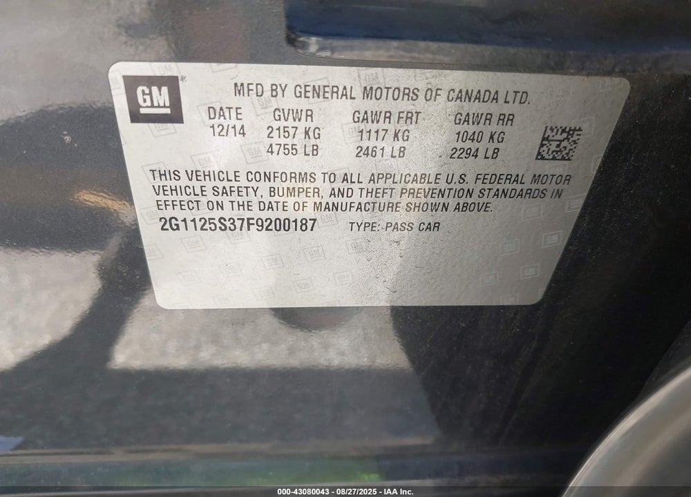 2015 CHEVROLET IMPALA VIN: 2G1125S37F9200187