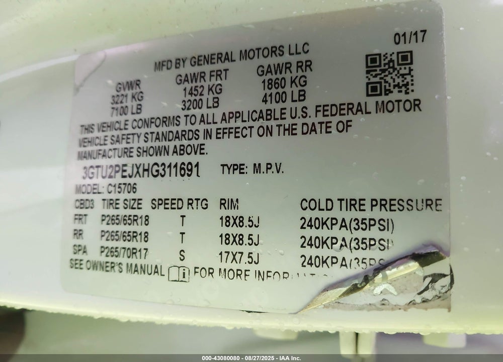 2017 GMC SIERRA 1500 VIN: 3GTU2PEJXHG311691