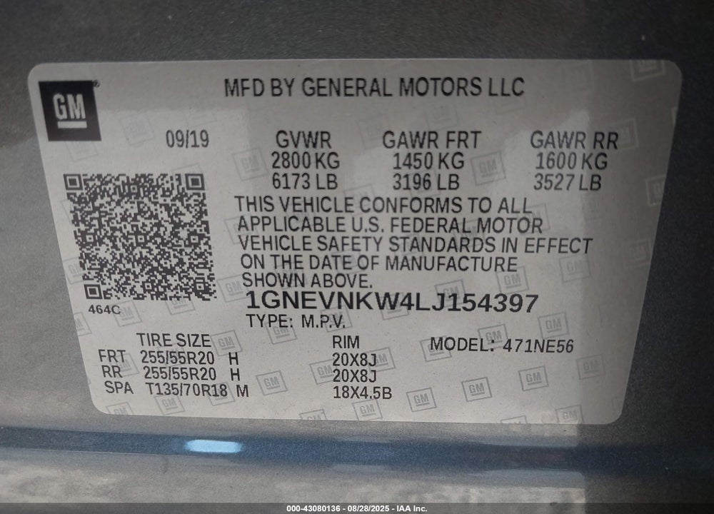 2020 CHEVROLET TRAVERSE VIN: 1GNEVNKW4LJ154397