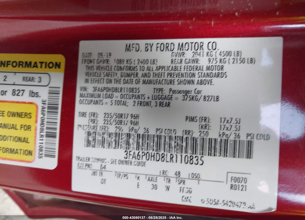 2020 FORD FUSION VIN: 3FA6P0HD8LR110835