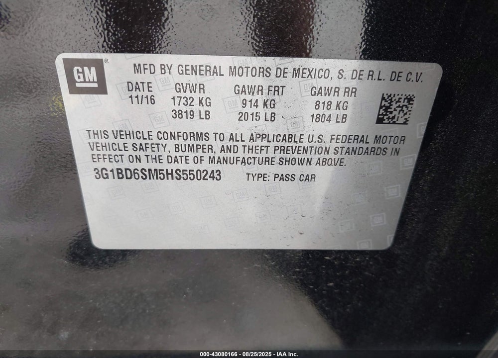 2017 CHEVROLET CRUZE LT MANUAL VIN: 3G1BD6SM5HS550243